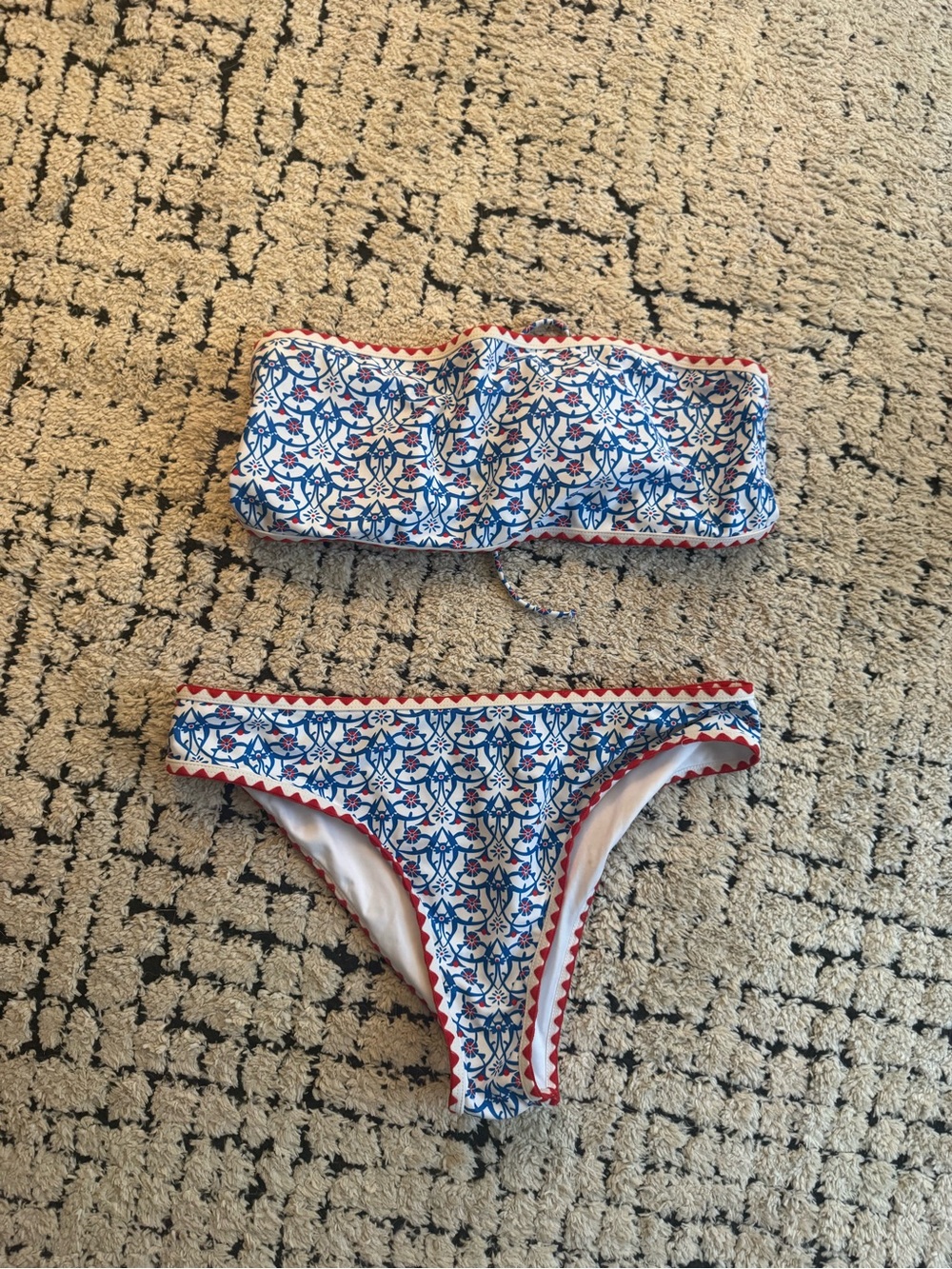 Blue & White Floral Bandeau Bikini Set with Red Trim